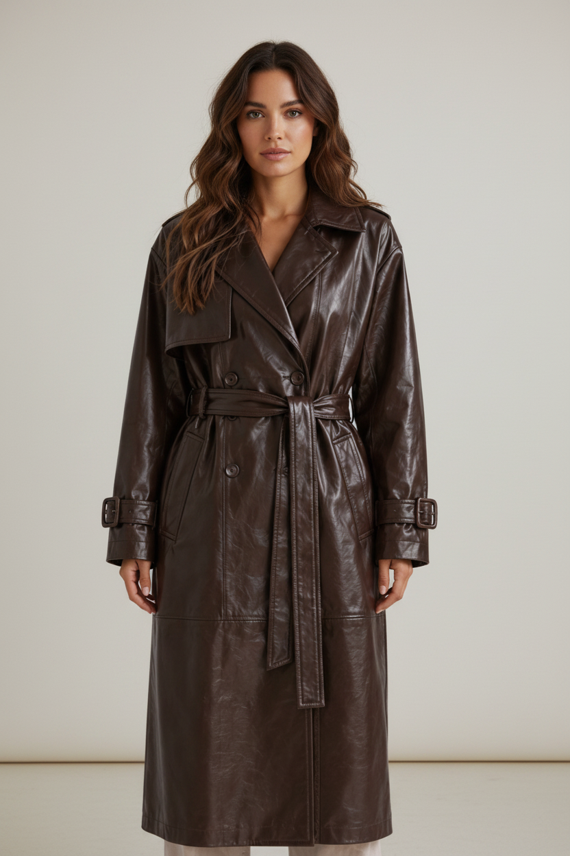 Elegant Faux Leather Trench Coat for Women with Double-Breasted Design | Chic Layer for Autumn & Winter