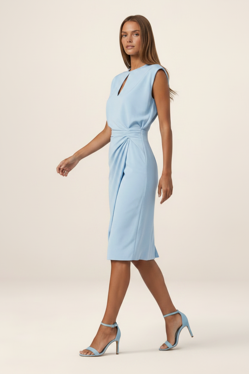 Elegant Midi Dress with Keyhole Neckline & Ruched Waist for Versatile Style