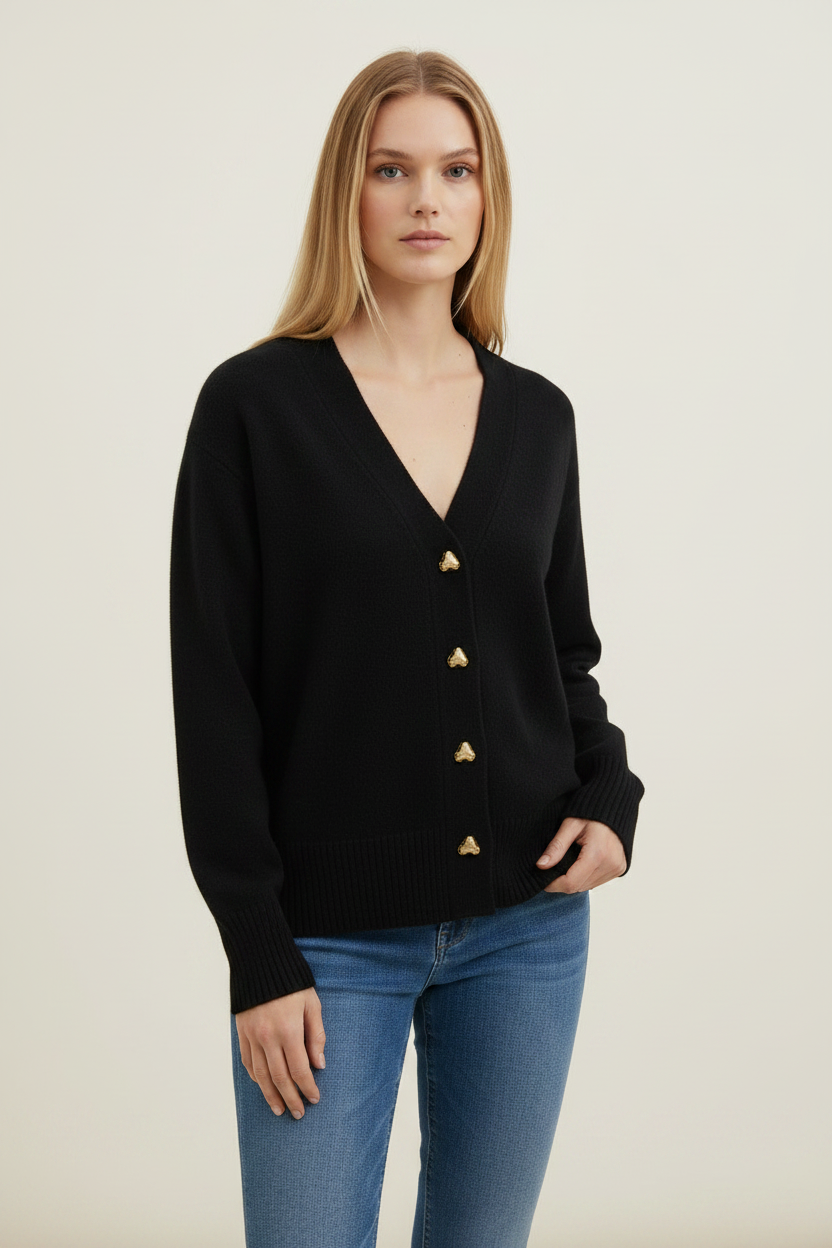 Elegant Knit | Women's Cardigan Sweater with Heart Buttons | Soft V-Neck Design for Everyday Comfort