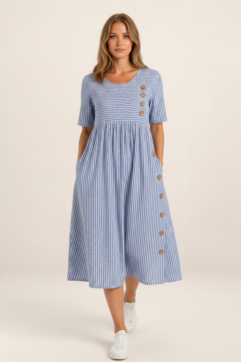 Striped Midi Dress with Button Detail | Flattering A-Line Design for Everyday Comfort