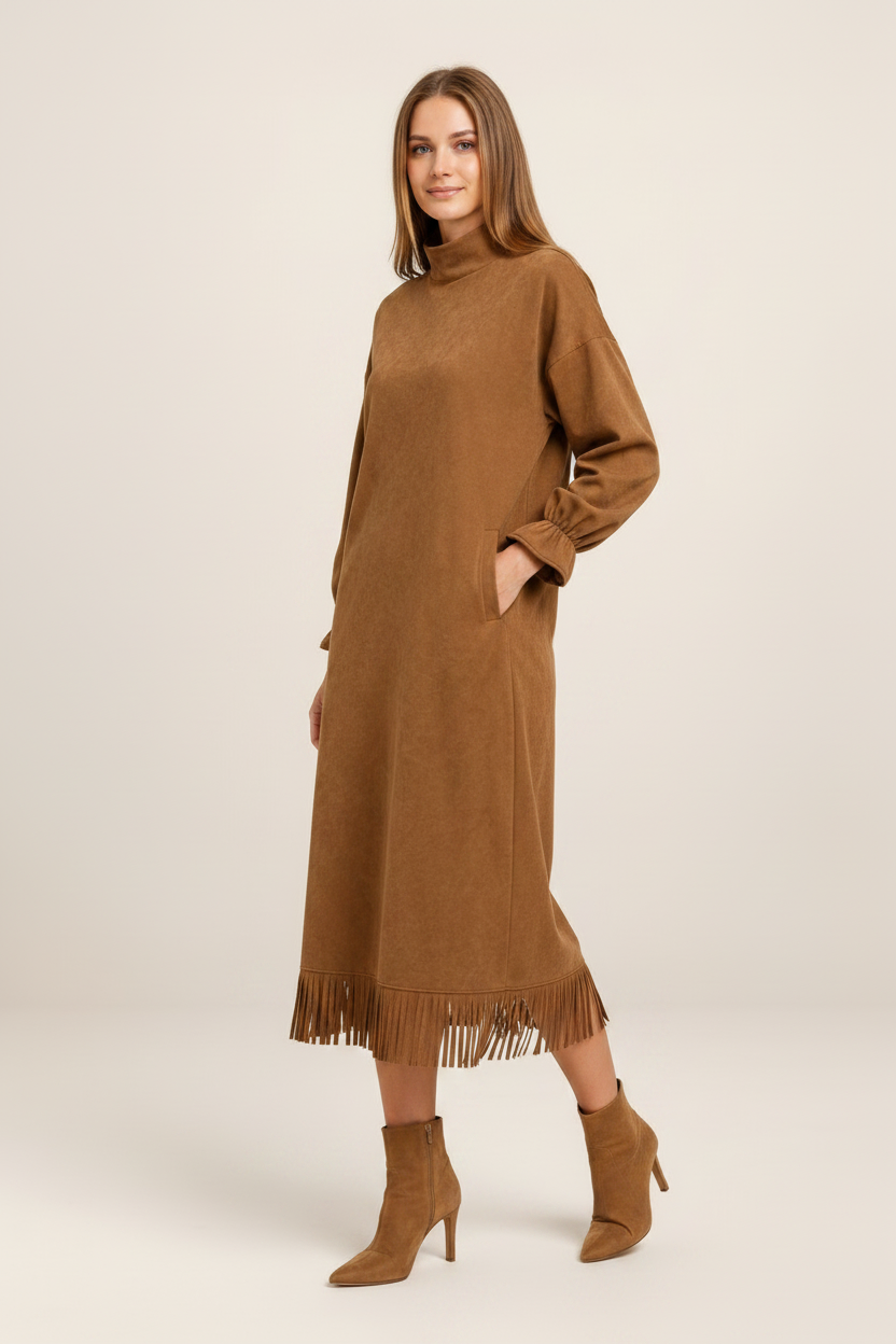 Elegant Midi Dress with High Neck & Fringe Hem for Effortless Style