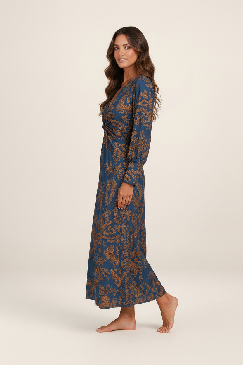 Elegant Midi Dress | Women's Printed V-Neck Dress with Knot-Front Detail | Flattering Silhouette for Special Occasions