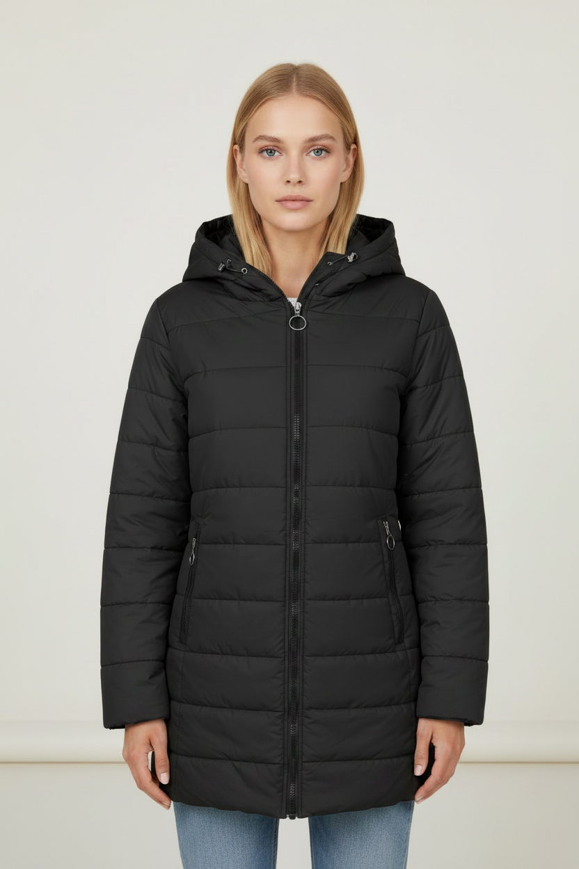 Cozy Essentials | Longline Quilted Puffer Coat with Fleece-Lined Hood | Stylish Winter Jacket for Warmth and Comfort