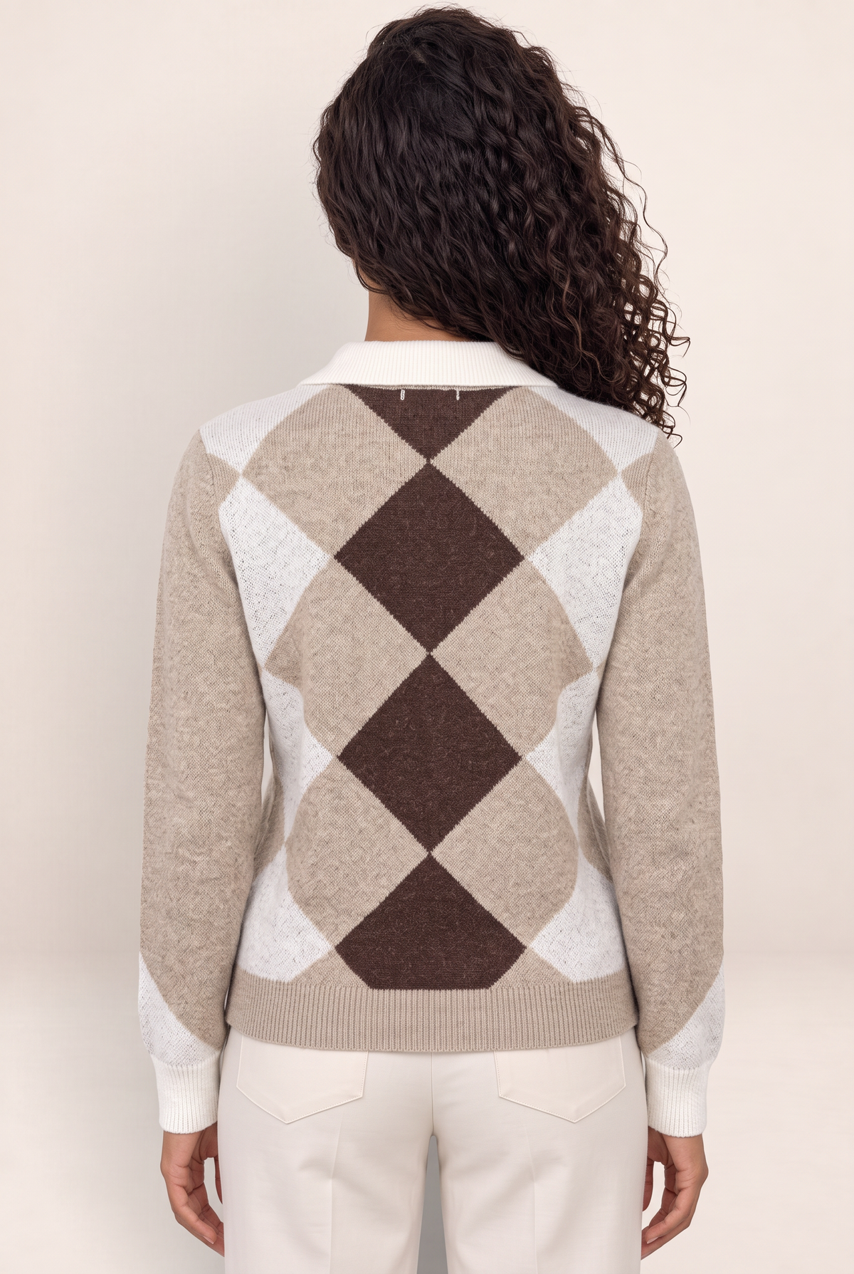 Women’s Argyle Collared Jumper – Button Neck Long Sleeve Knit Sweater
