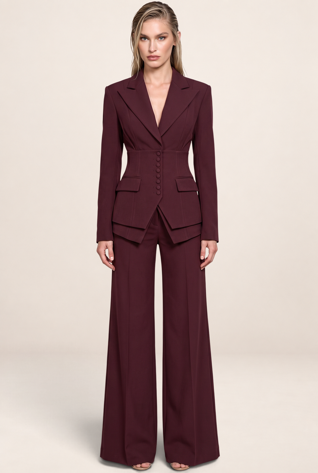 Women’s Tailored Three-Piece Suit – Cinched Waist & Wide-Leg Trousers