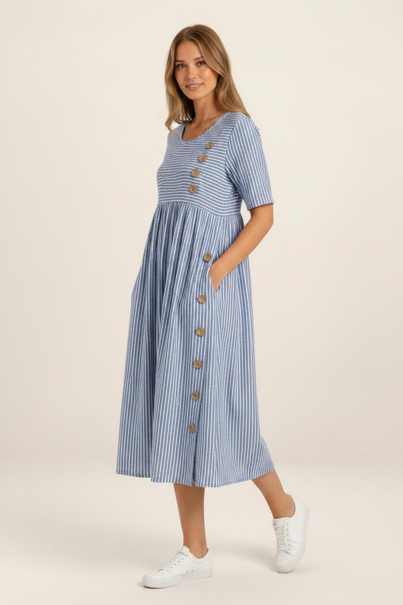 Striped Midi Dress with Button Detail | Flattering A-Line Design for Everyday Comfort