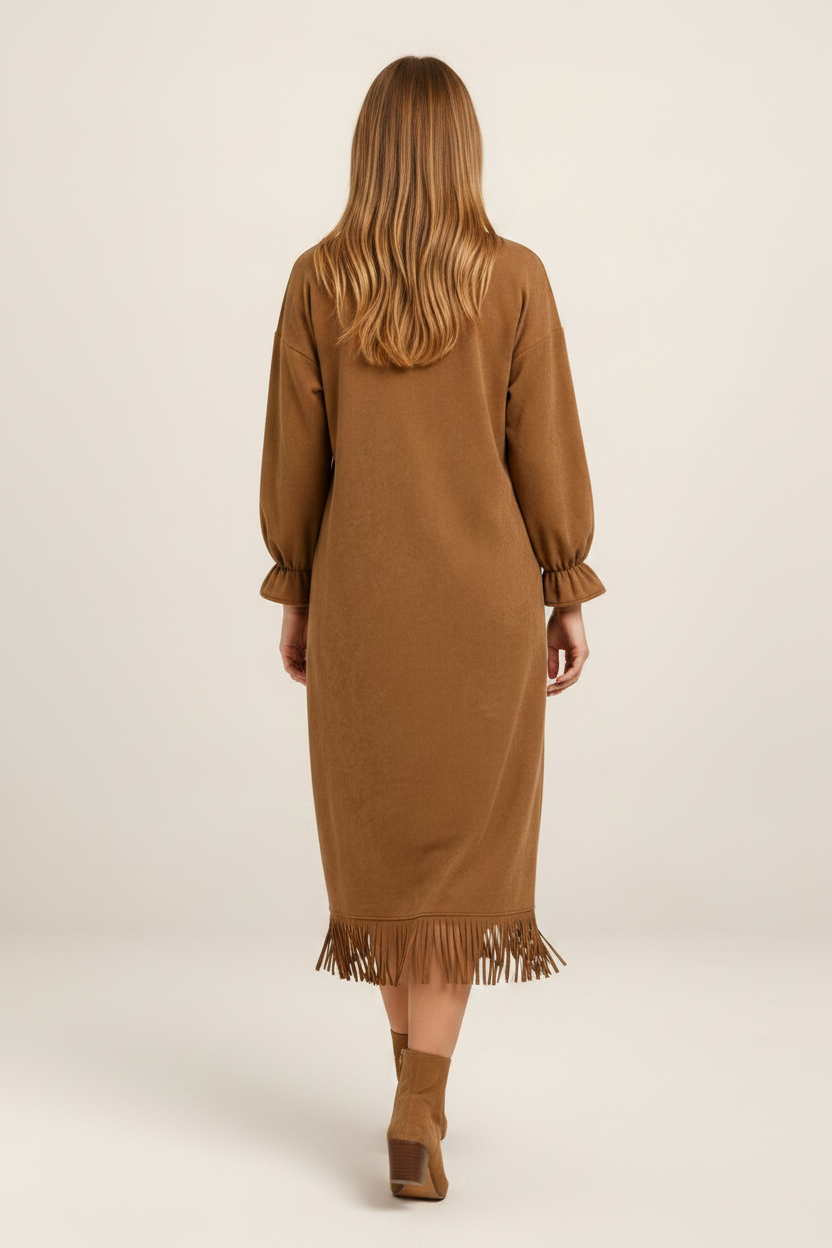Elegant Midi Dress with High Neck & Fringe Hem for Effortless Style