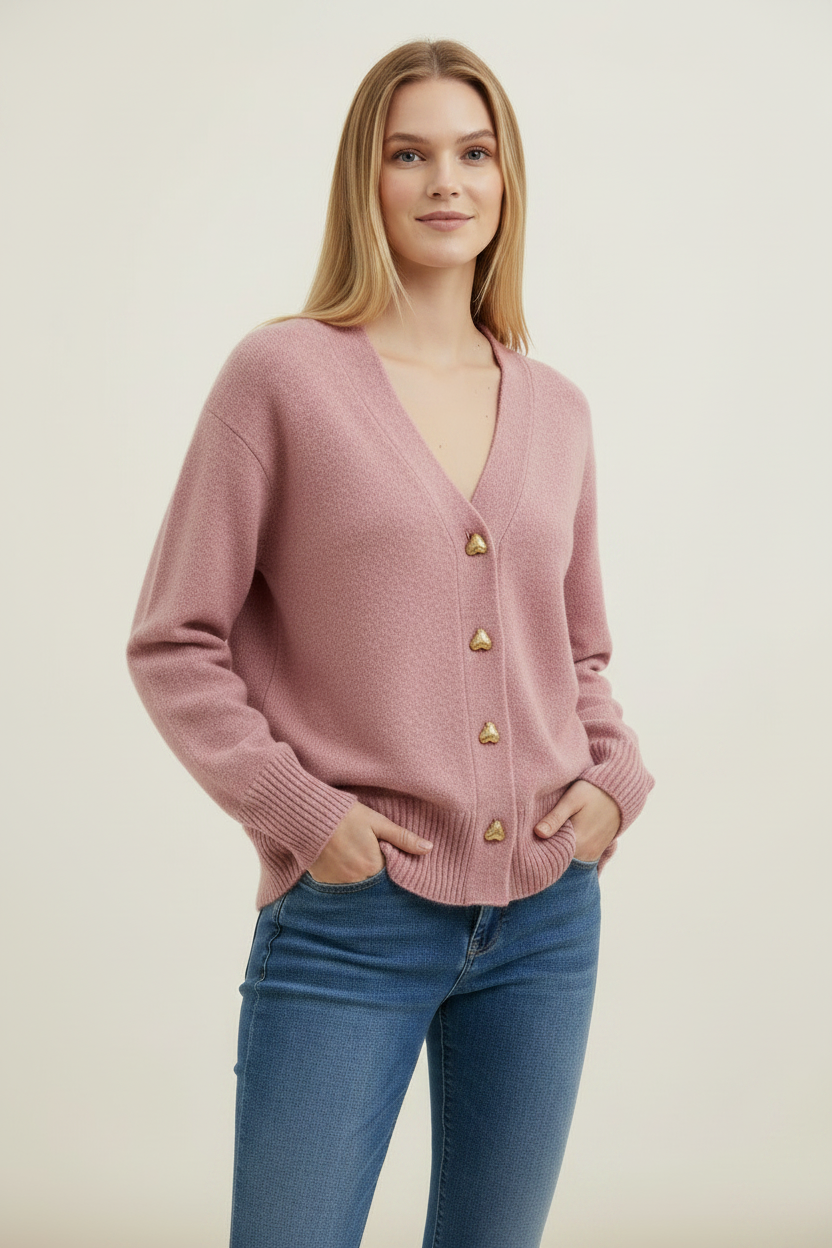 Elegant Knit | Women's Cardigan Sweater with Heart Buttons | Soft V-Neck Design for Everyday Comfort