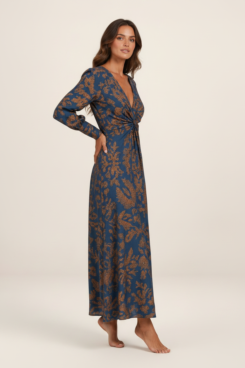 Elegant Midi Dress | Women's Printed V-Neck Dress with Knot-Front Detail | Flattering Silhouette for Special Occasions