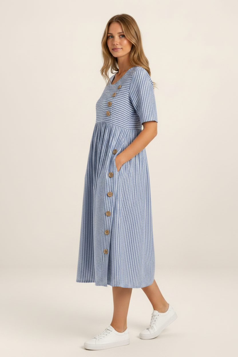 Striped Midi Dress with Button Detail | Flattering A-Line Design for Everyday Comfort