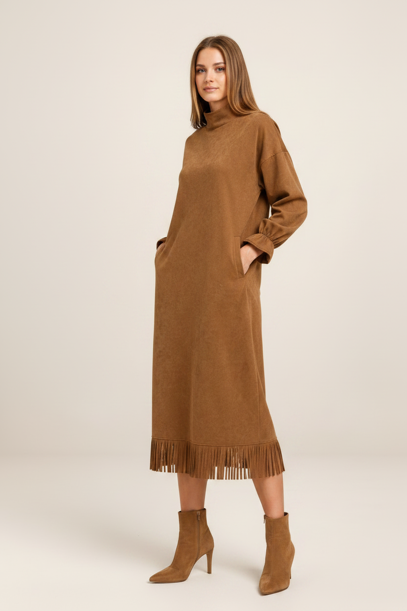 Elegant Midi Dress with High Neck & Fringe Hem for Effortless Style