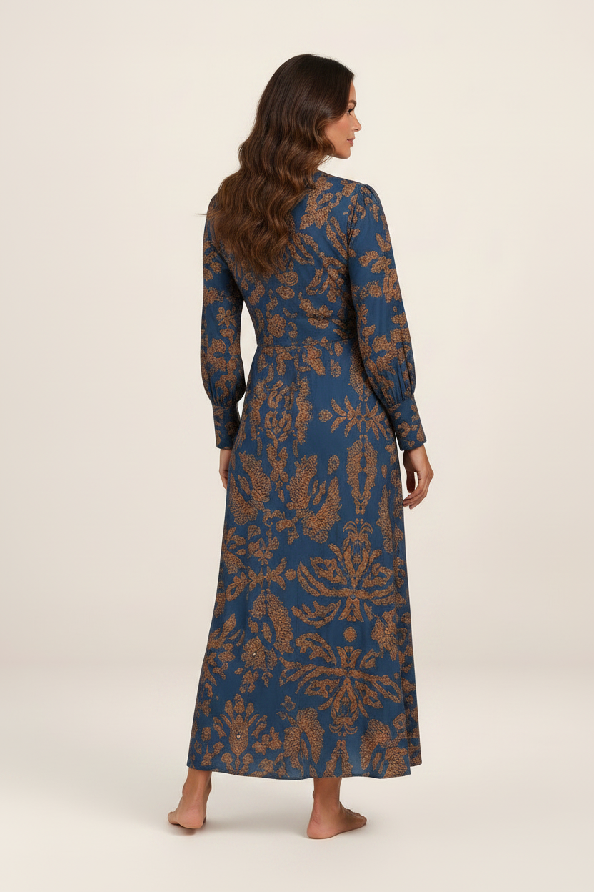 Elegant Midi Dress | Women's Printed V-Neck Dress with Knot-Front Detail | Flattering Silhouette for Special Occasions