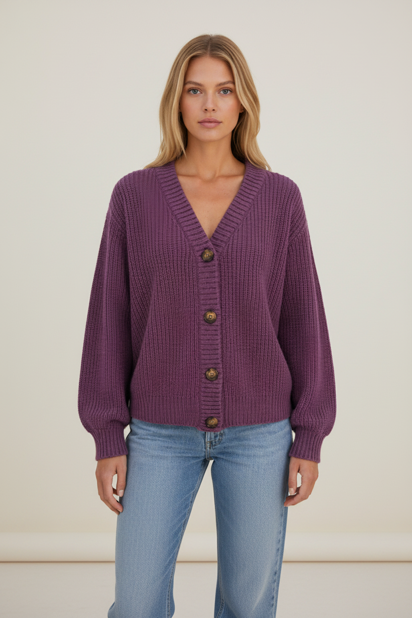 Chunky Knit Cardigan | V-Neck Soft Ribbed Jumper with Button Front | Cozy Layering for Women