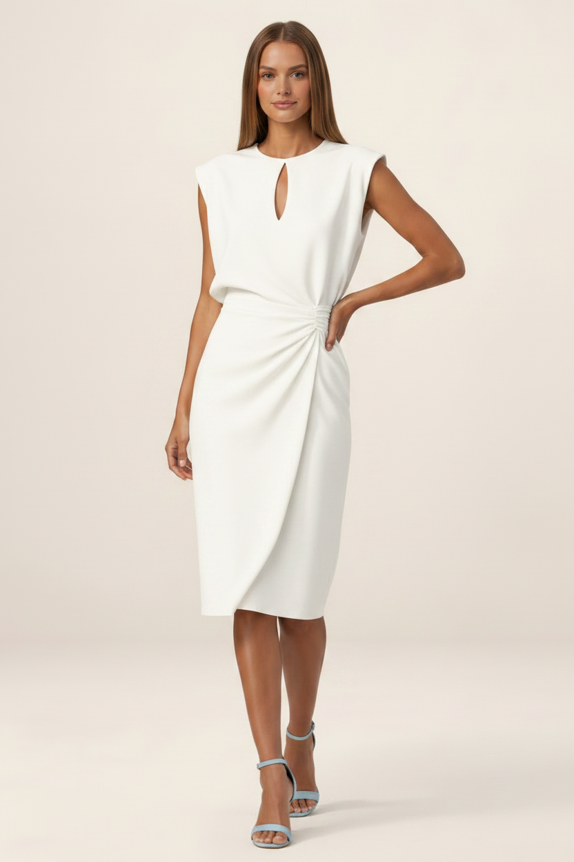 Elegant Midi Dress with Keyhole Neckline & Ruched Waist for Versatile Style