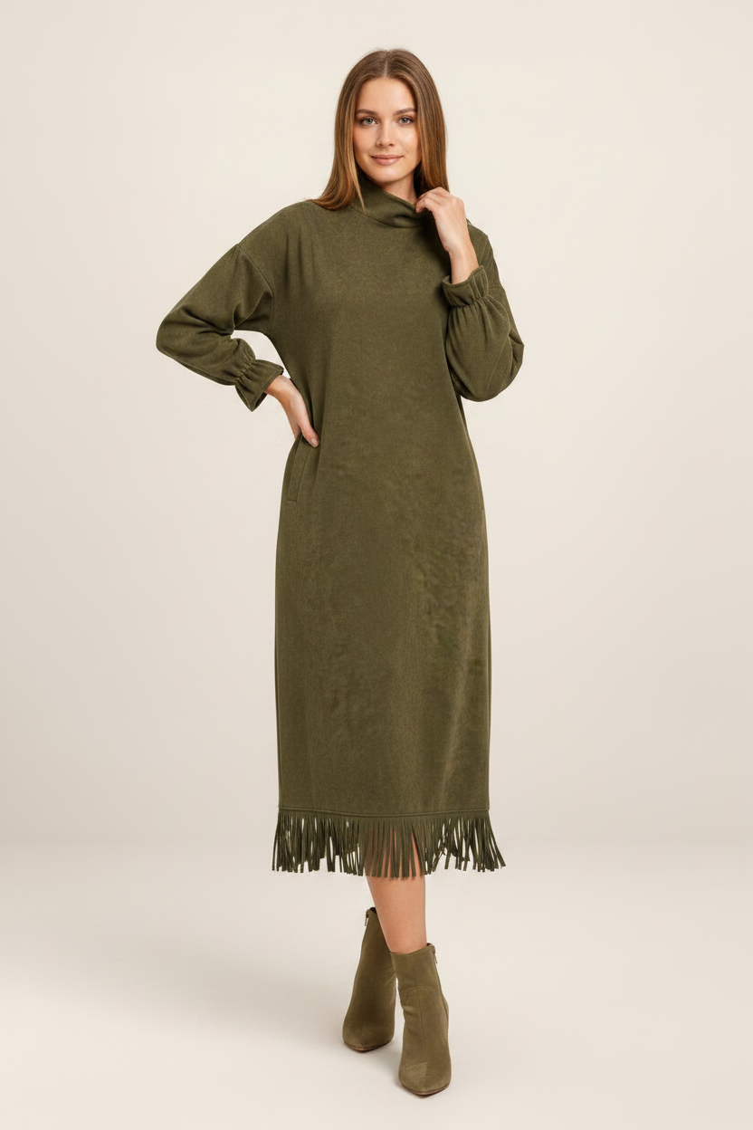 Elegant Midi Dress with High Neck & Fringe Hem for Effortless Style