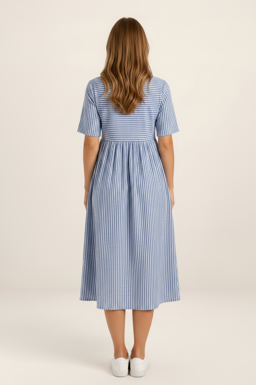Striped Midi Dress with Button Detail | Flattering A-Line Design for Everyday Comfort