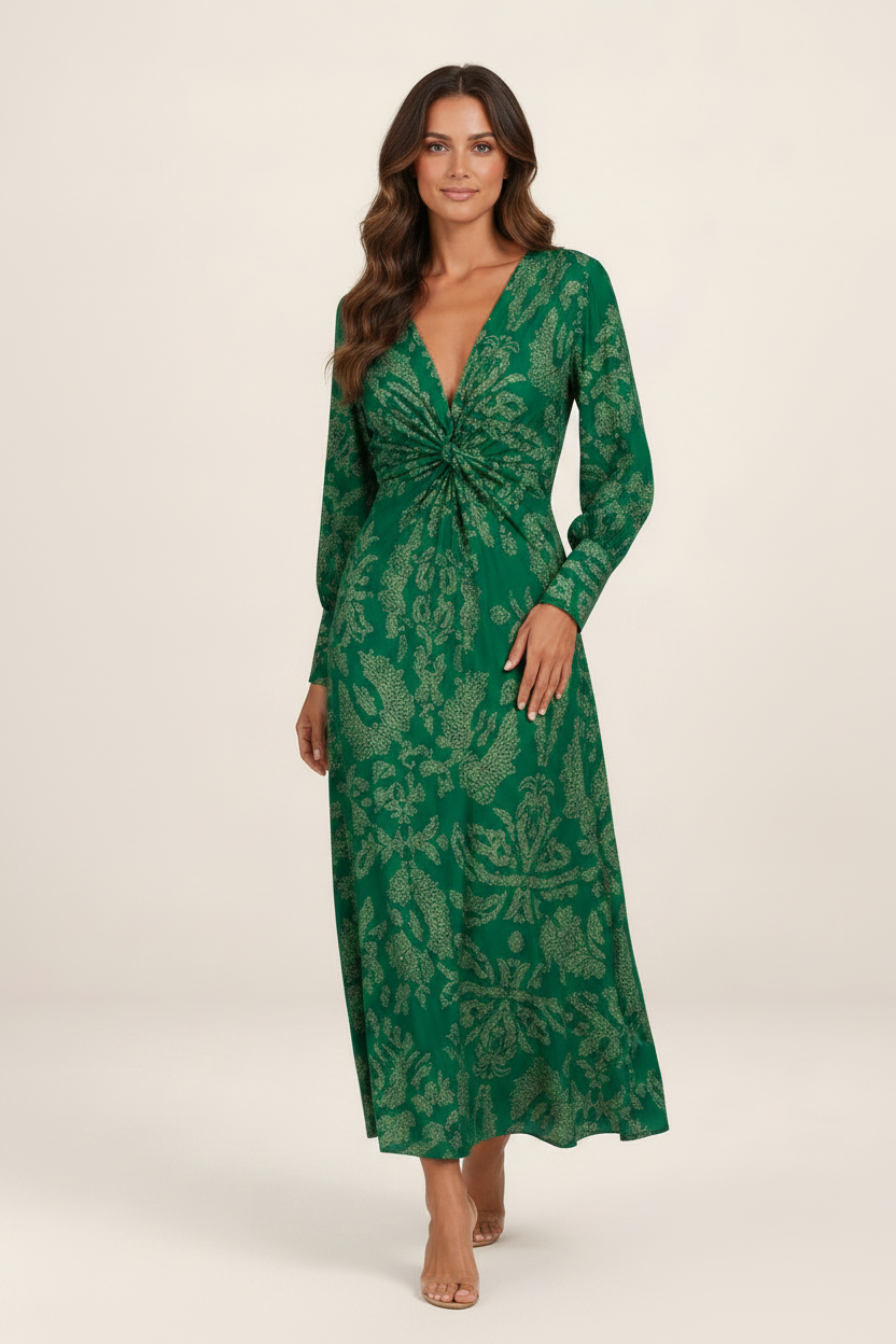 Elegant Midi Dress | Women's Printed V-Neck Dress with Knot-Front Detail | Flattering Silhouette for Special Occasions