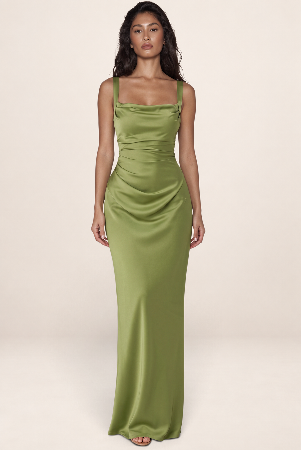 Women's Draped Satin Fit Maxi Evening Dress - Sculpted Olive Silhouette
