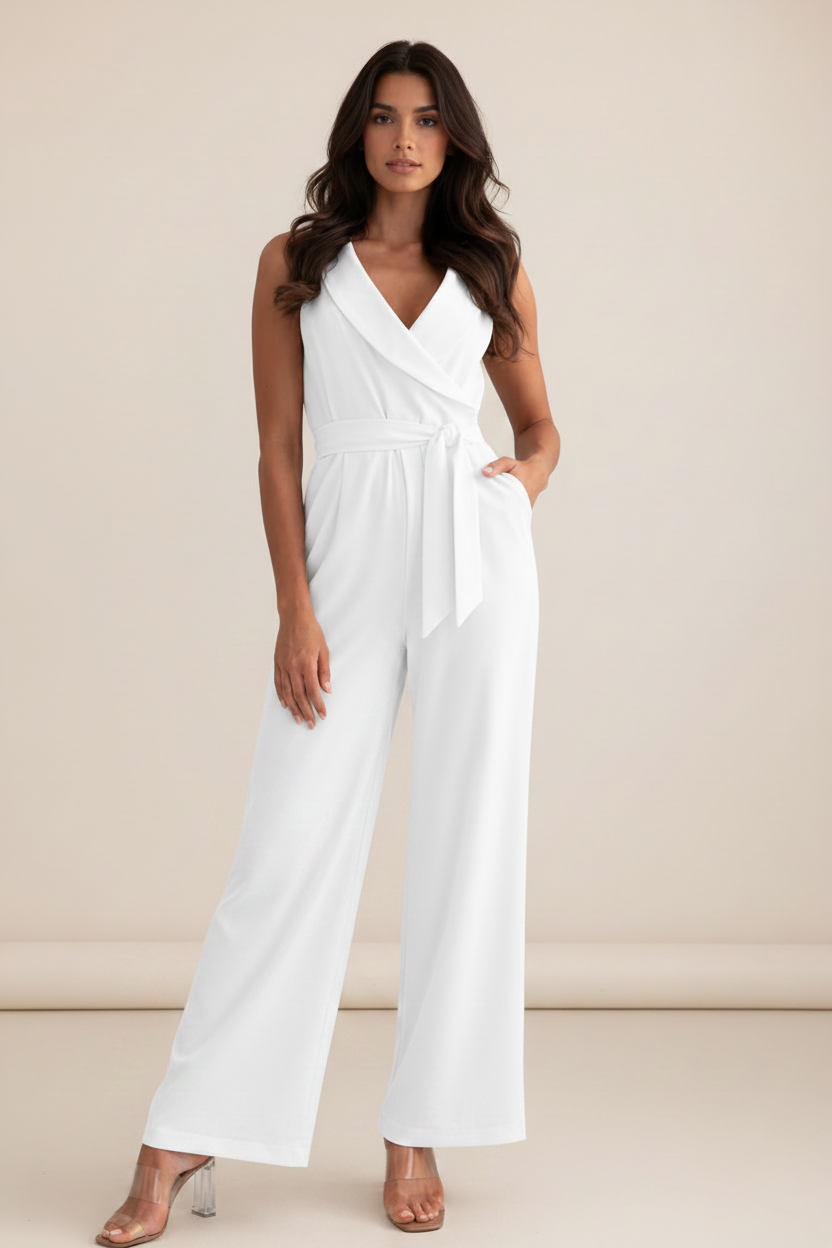 White Jumpsuit for Women with Tie Waist & Wide Leg Design for Effortless Style