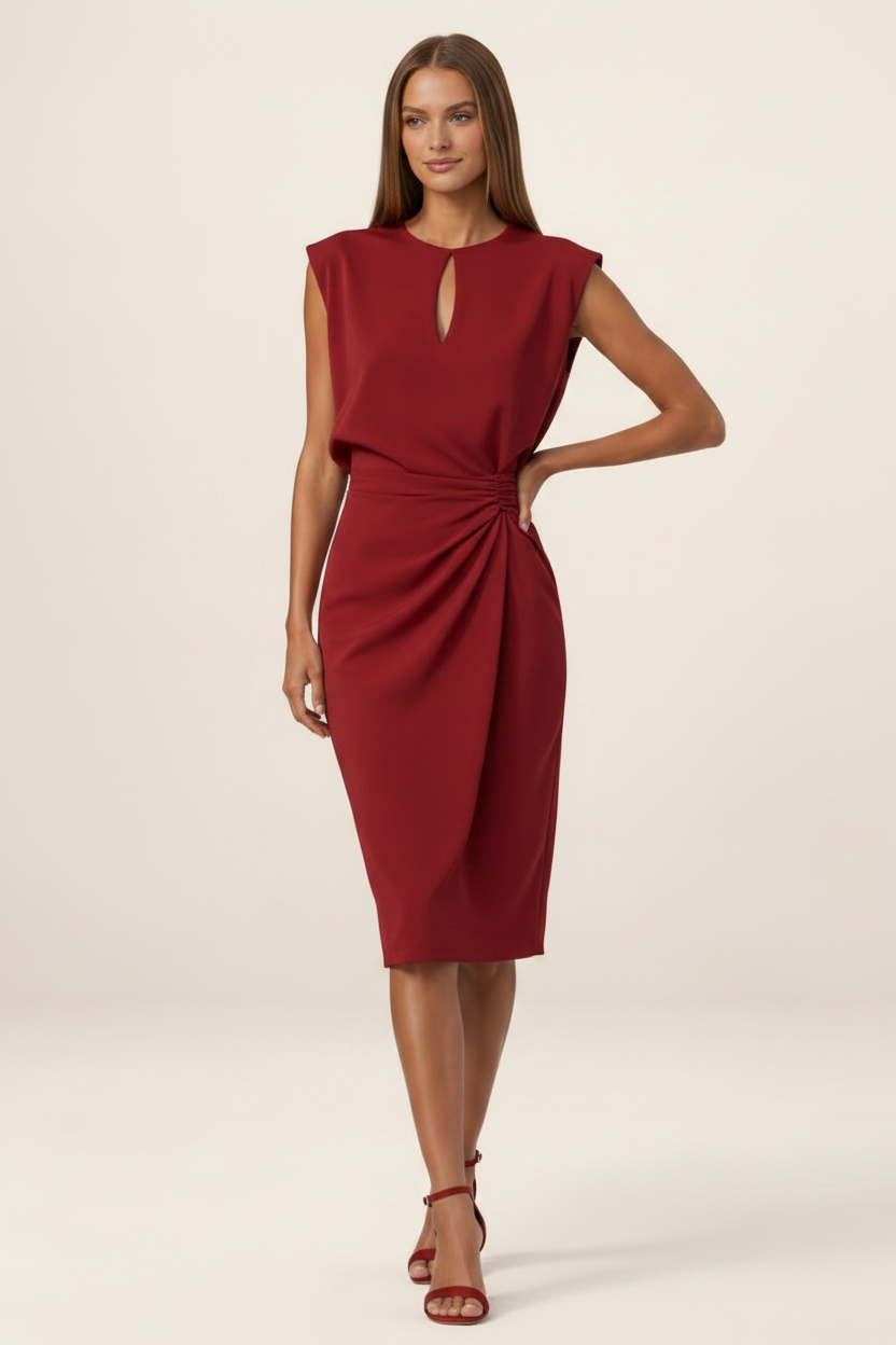 Elegant Midi Dress with Keyhole Neckline & Ruched Waist for Versatile Style