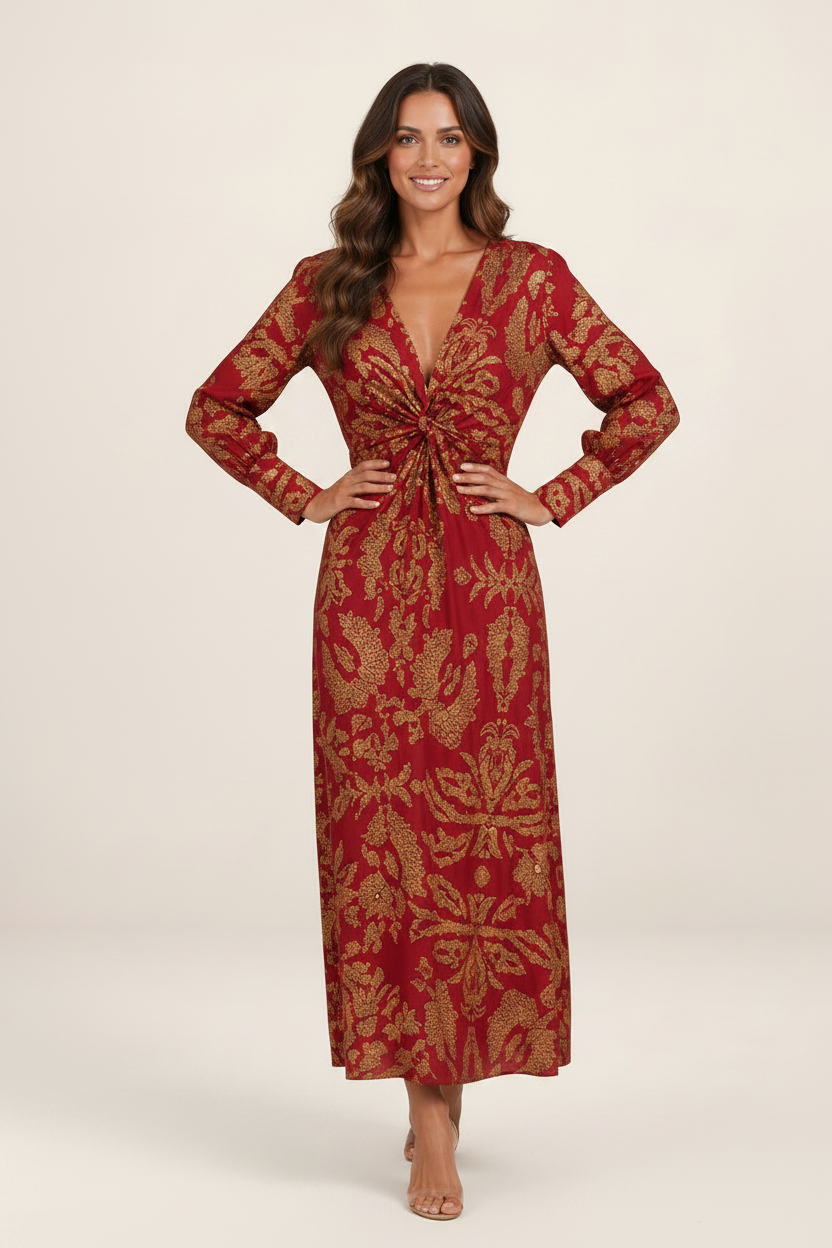Elegant Midi Dress | Women's Printed V-Neck Dress with Knot-Front Detail | Flattering Silhouette for Special Occasions