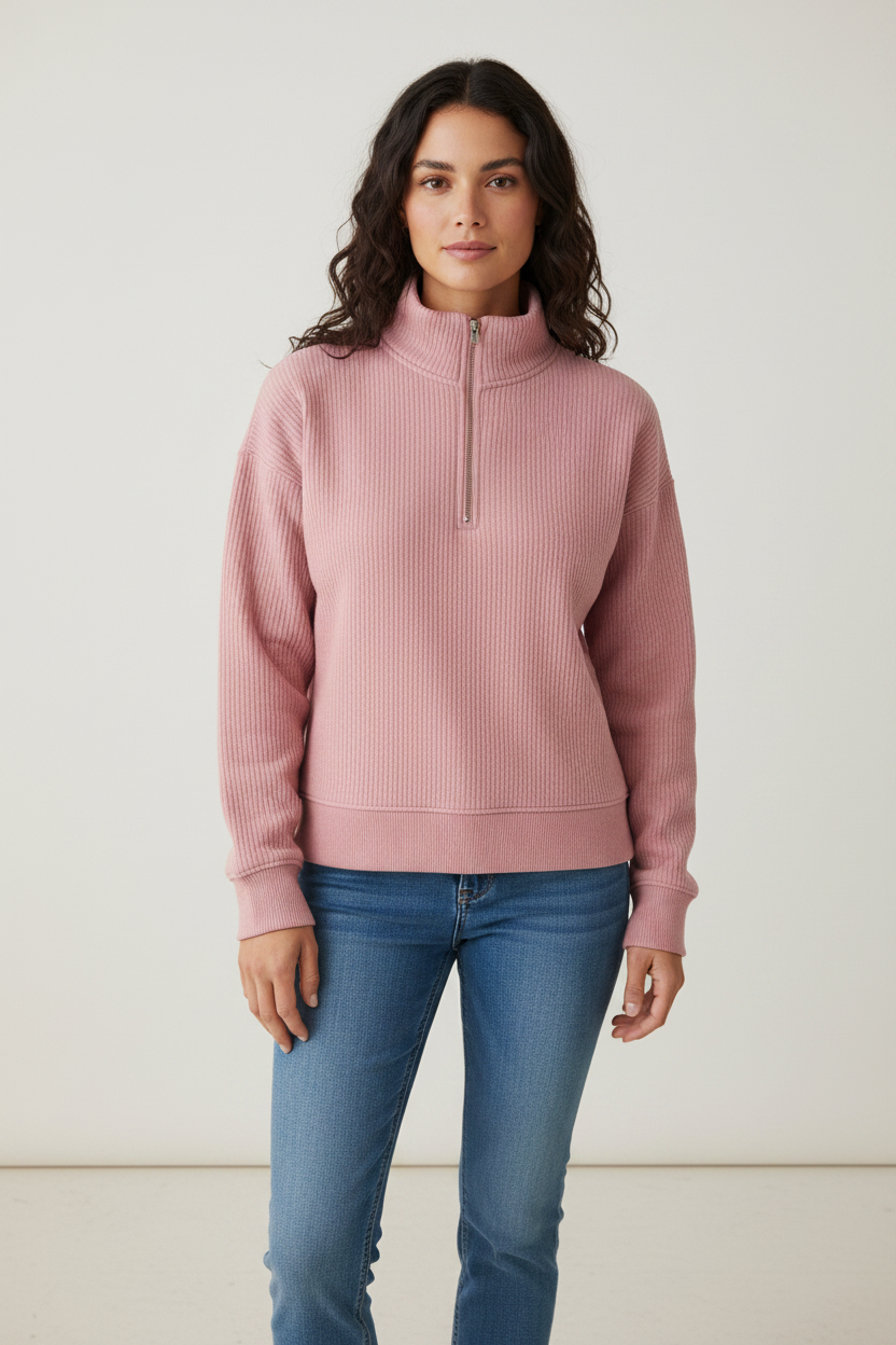 Casual Knit Jumper | Women's Ribbed Half Zip Pullover with Cozy Comfort | Versatile Layering for Everyday Style