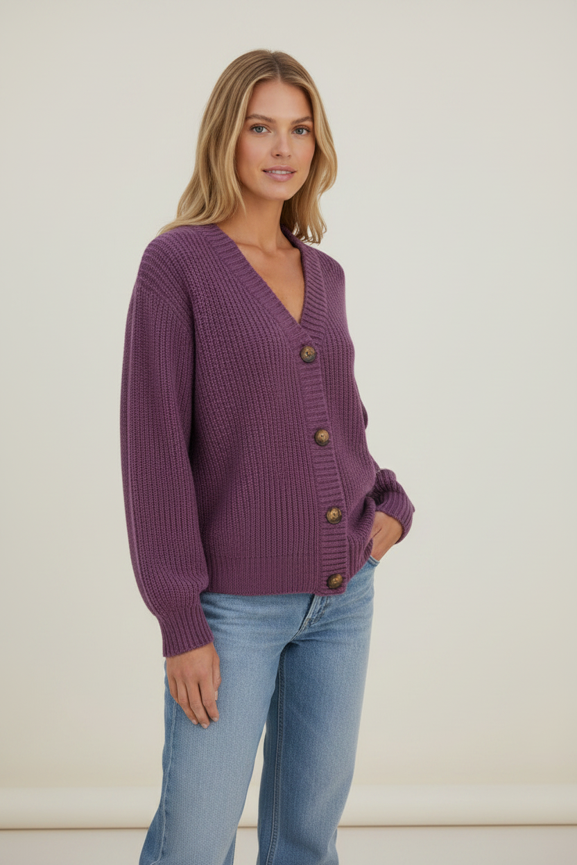 Chunky Knit Cardigan | V-Neck Soft Ribbed Jumper with Button Front | Cozy Layering for Women