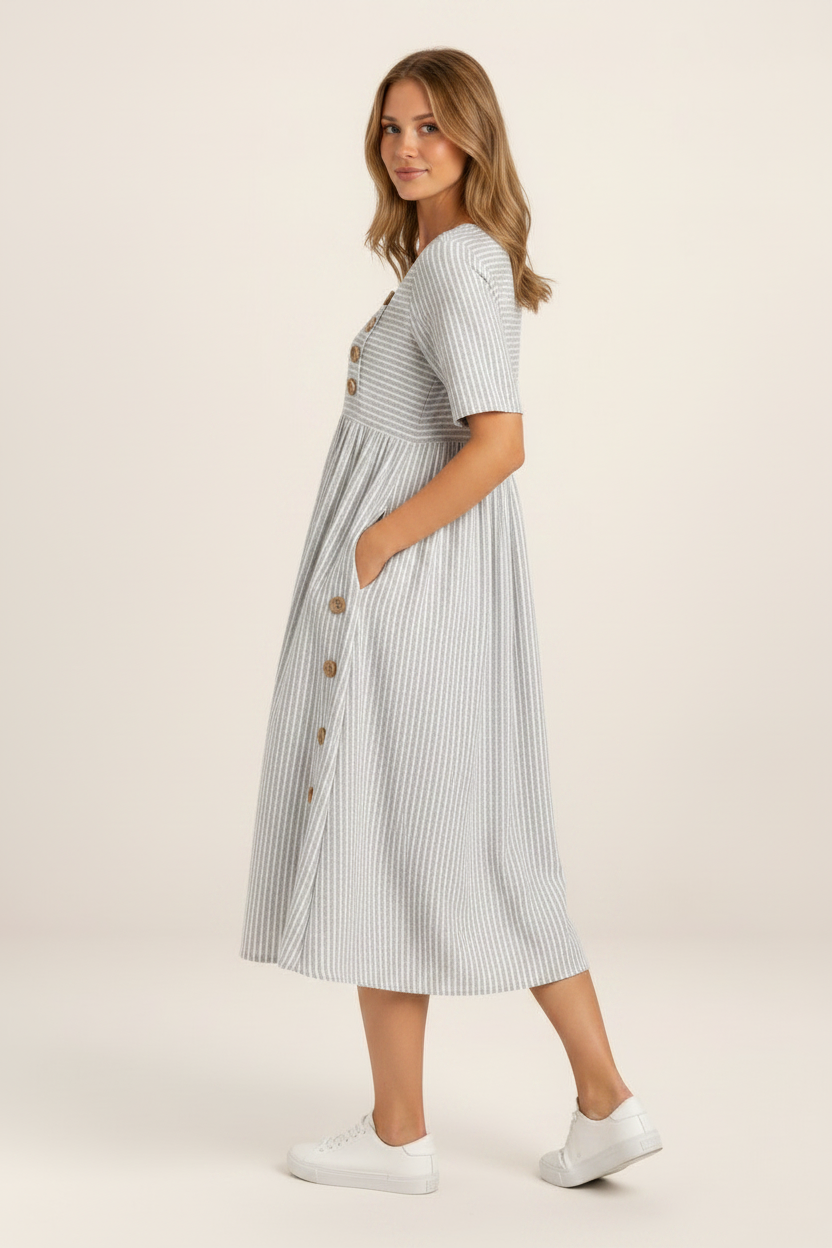 Striped Midi Dress with Button Detail | Flattering A-Line Design for Everyday Comfort