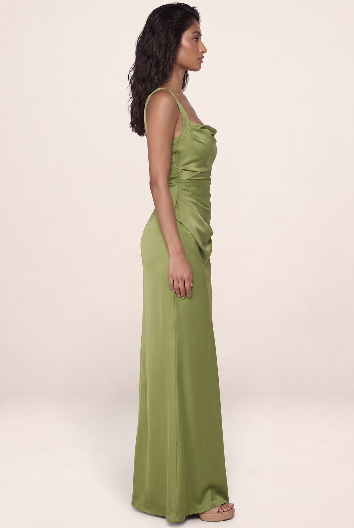 Women's Draped Satin Fit Maxi Evening Dress - Sculpted Olive Silhouette