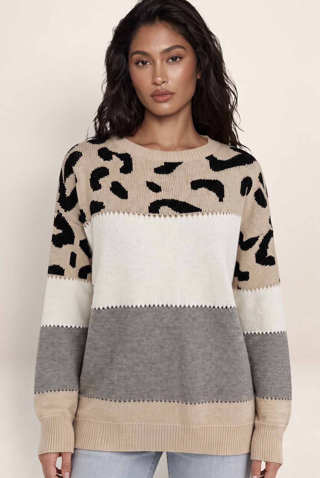 Women's Leopard Print Knit Sweater - Relaxed Crew Neck Jumper