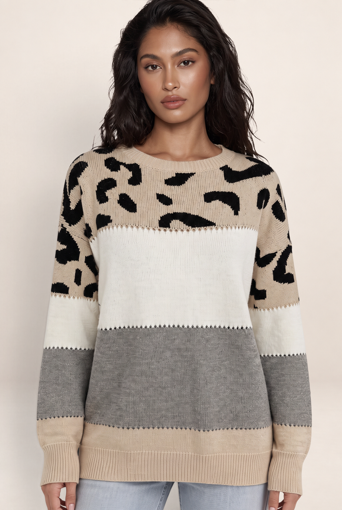Women's Leopard Print Knit Sweater - Relaxed Crew Neck Jumper