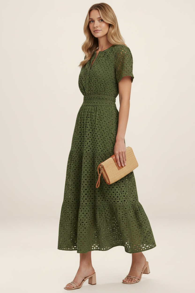 Elegant Summer Midi Dress | Eyelet A-Line Design with Breathable Cotton Blend for Effortless Style