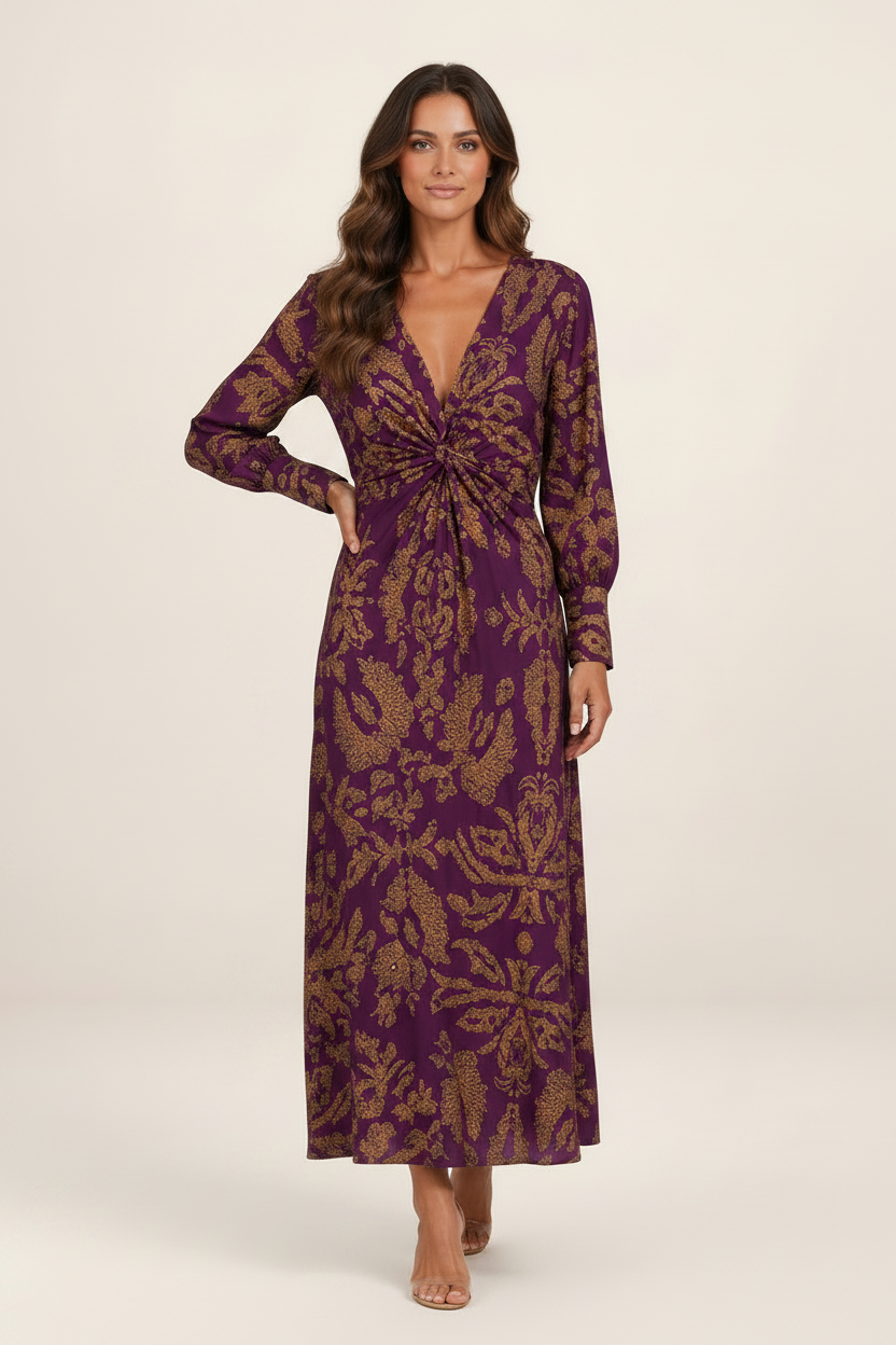 Elegant Midi Dress | Women's Printed V-Neck Dress with Knot-Front Detail | Flattering Silhouette for Special Occasions