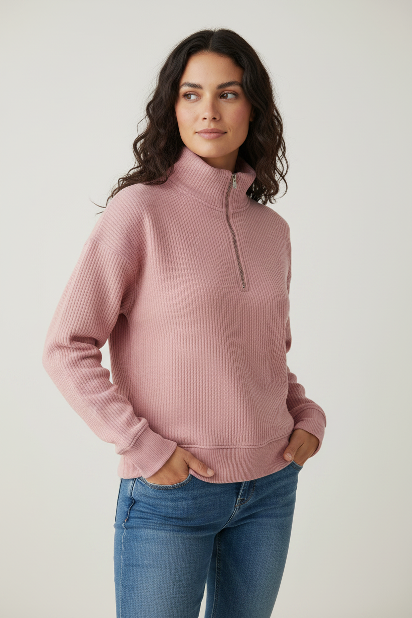 Casual Knit Jumper | Women's Ribbed Half Zip Pullover with Cozy Comfort | Versatile Layering for Everyday Style