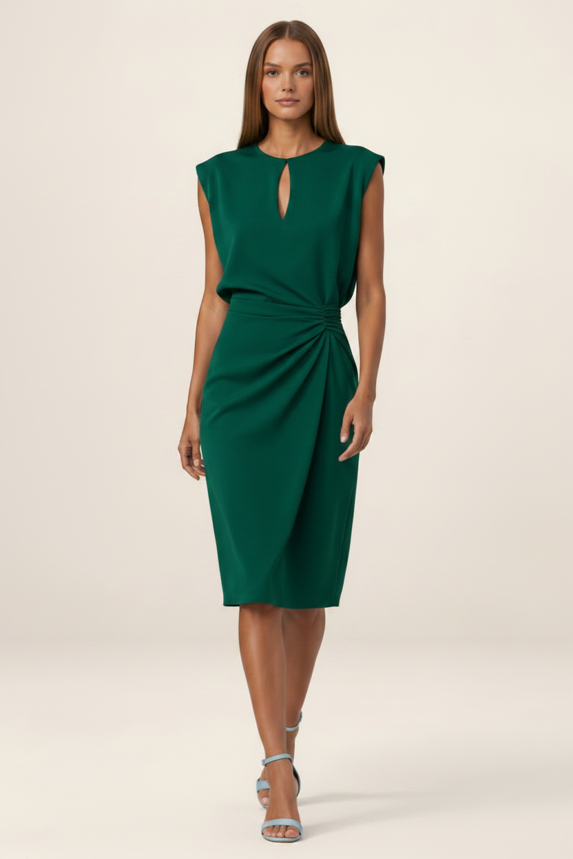 Elegant Midi Dress with Keyhole Neckline & Ruched Waist for Versatile Style