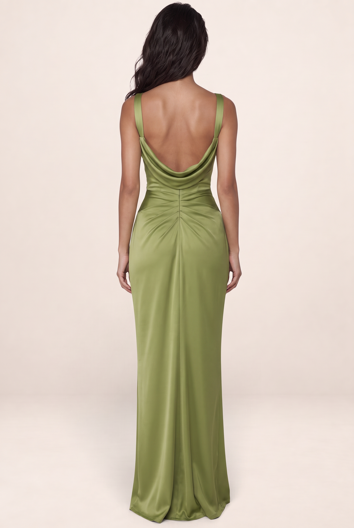 Women's Draped Satin Fit Maxi Evening Dress - Sculpted Olive Silhouette