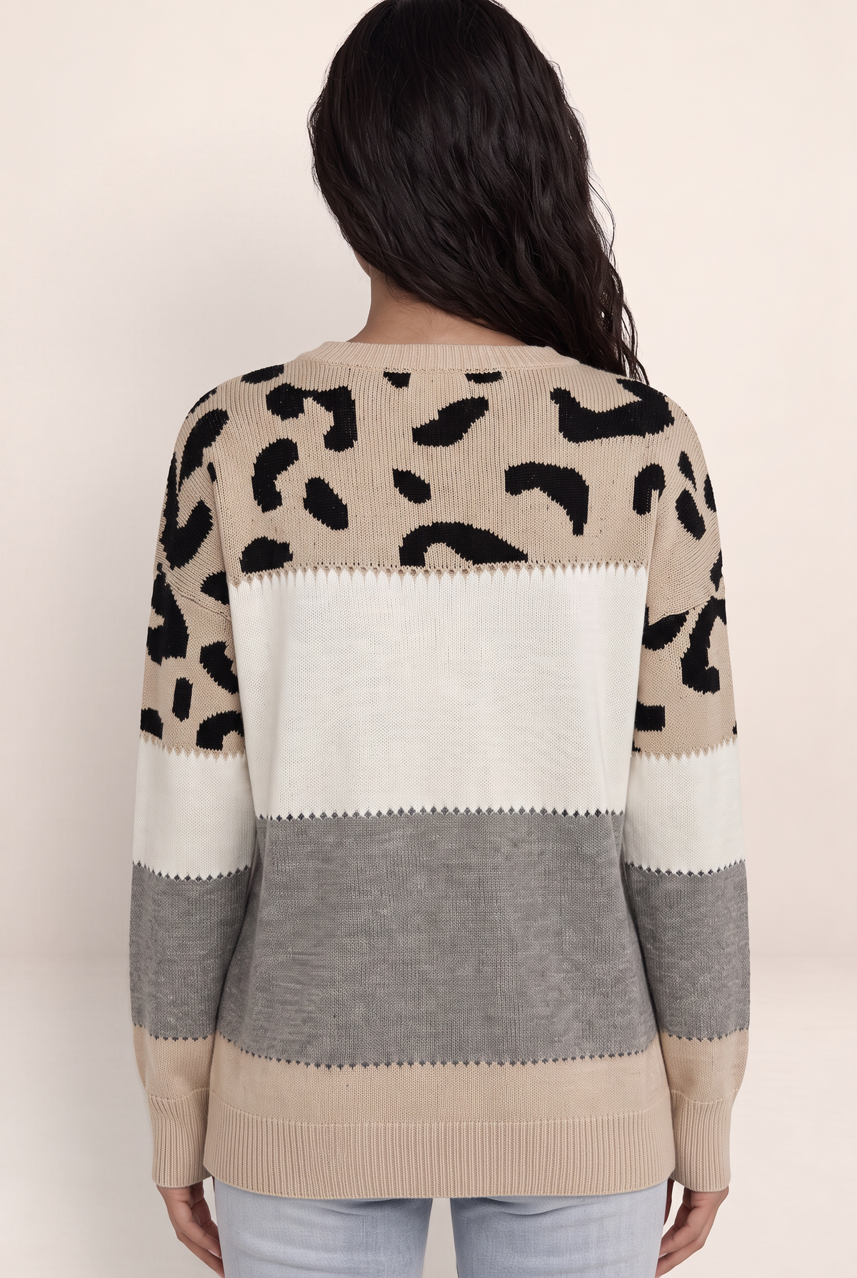 Women's Leopard Print Knit Sweater - Relaxed Crew Neck Jumper