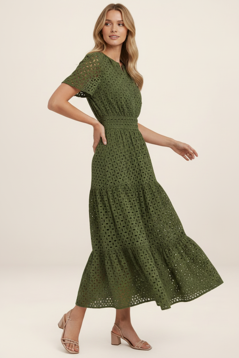 Elegant Summer Midi Dress | Eyelet A-Line Design with Breathable Cotton Blend for Effortless Style