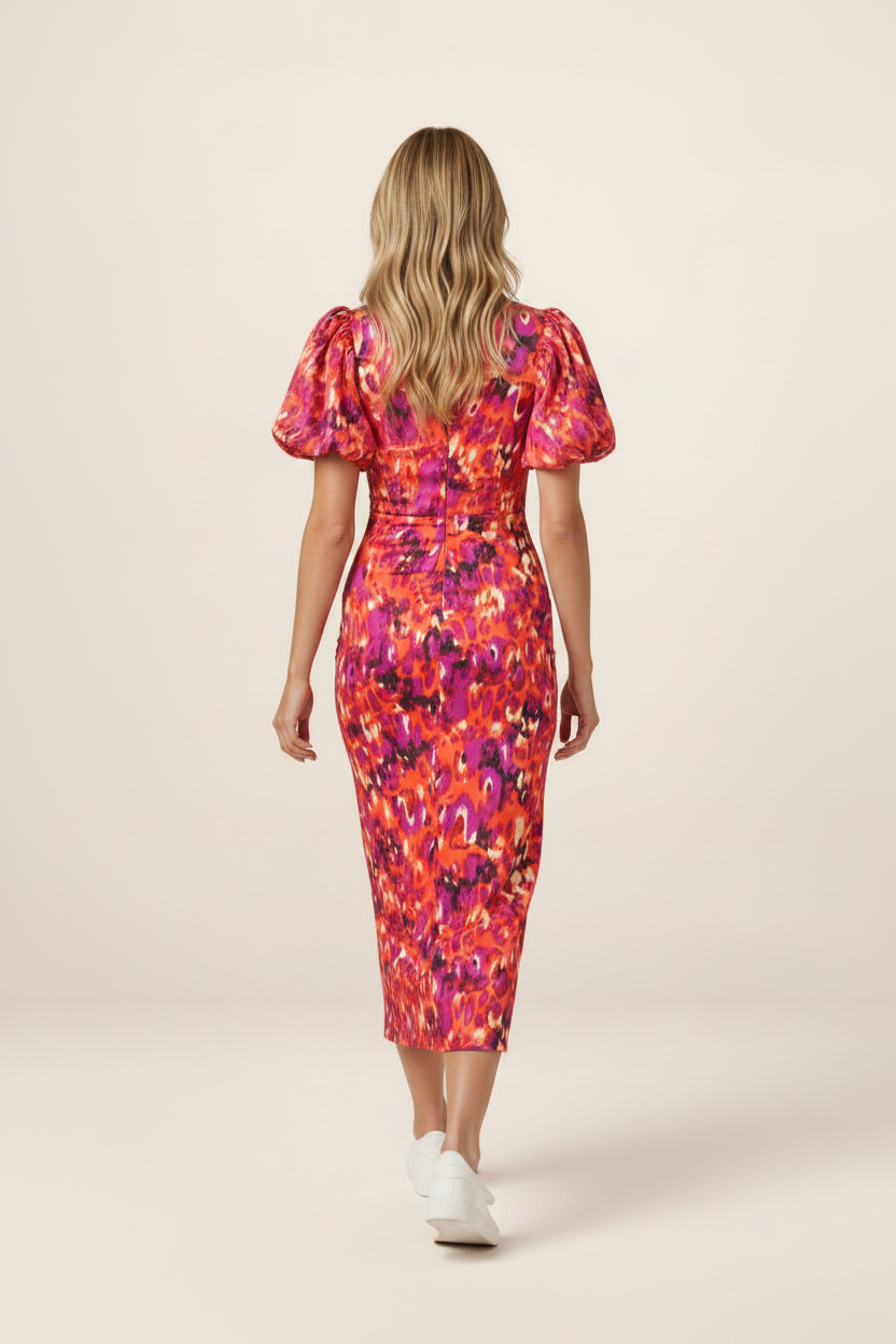 Elegant Midi Dress | Women's V-Neck Puff Sleeve Design with Vibrant Print | Flattering Fit for Summer Occasions