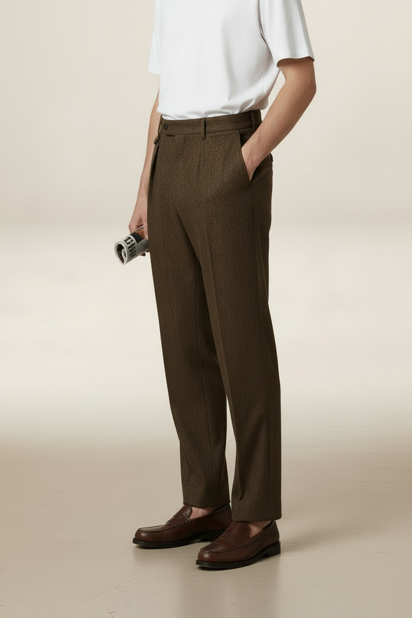 Men’s Herringbone Pleated Tailored Trousers – Straight Leg Smart Fit