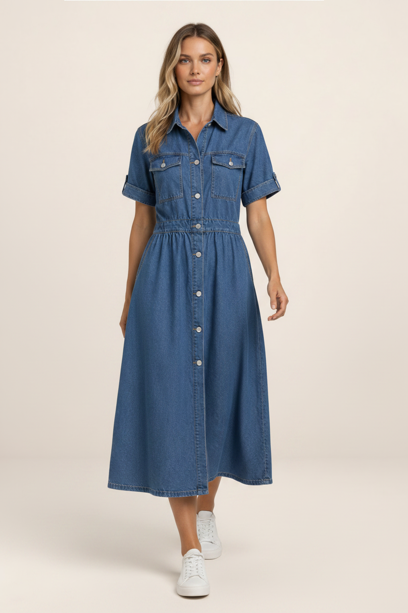 Classic Denim Midi Dress with Button Front & Flattering Waist Seam for Effortless Style