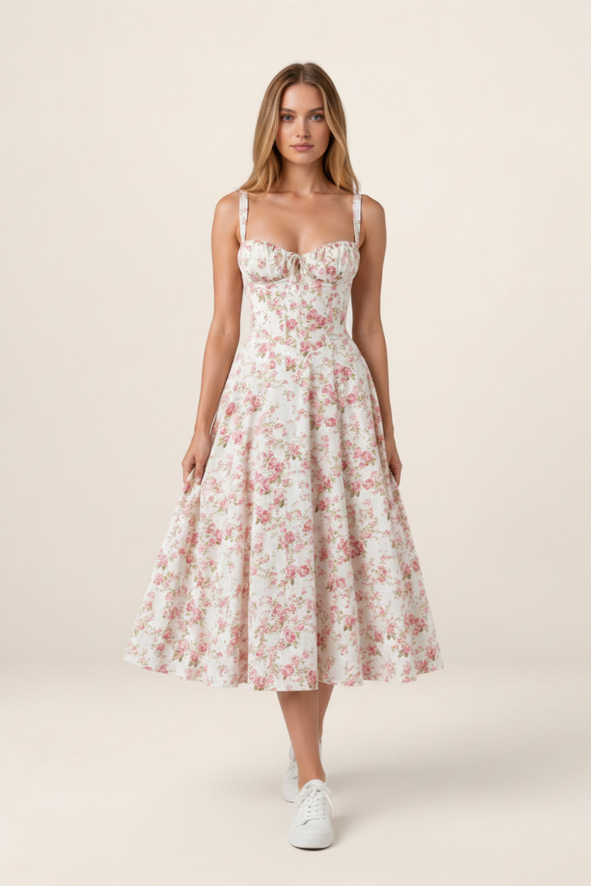 Elegant Floral Midi Dress with Corset Bodice & Sweetheart Neckline for Timeless Style