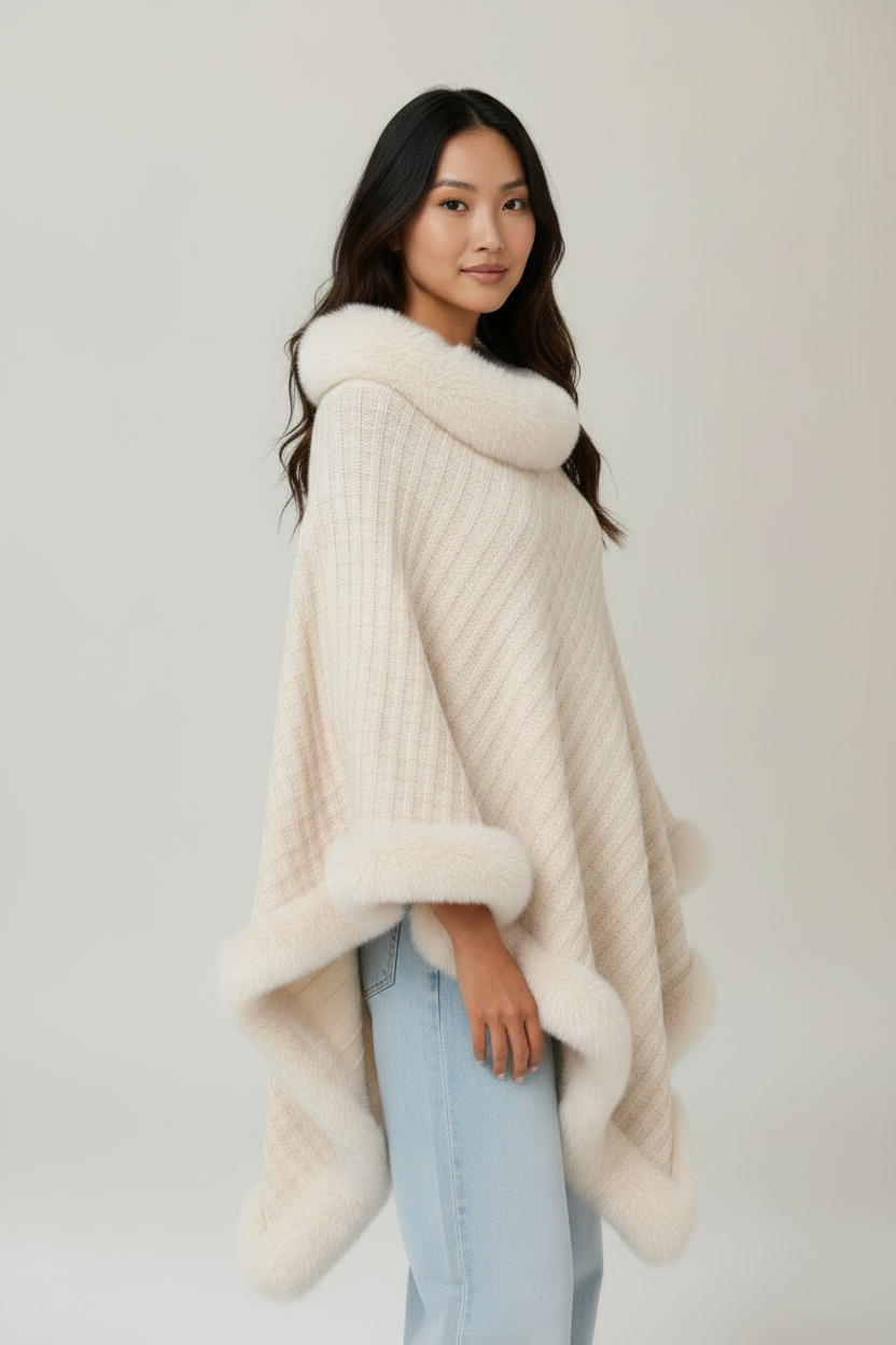 Elegant Knitwear | Women's Knitted Cape Coat with Faux Fur Trim | Stylish Layering for Autumn and Winter
