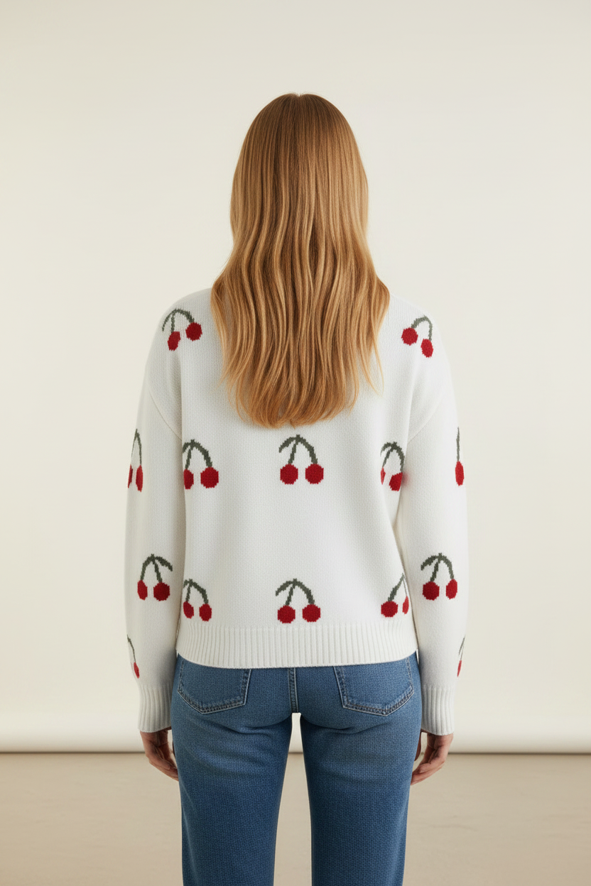 Charming Knitwear | Women's Cardigan with Cherry Print Design | Cozy Layering for Everyday Style