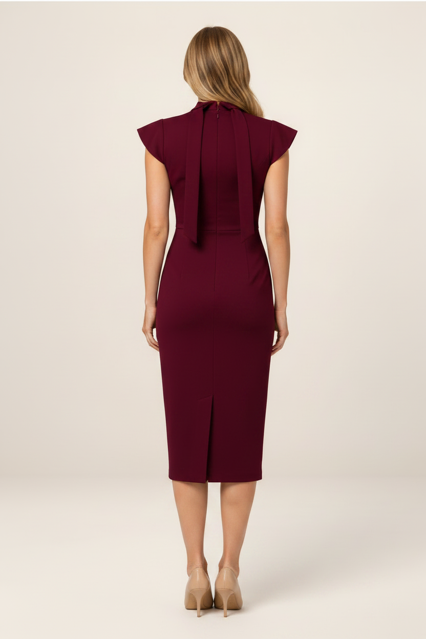 Elegant Midi Dress with Bow Tie Neckline | Timeless Formal Wear for Every Occasion