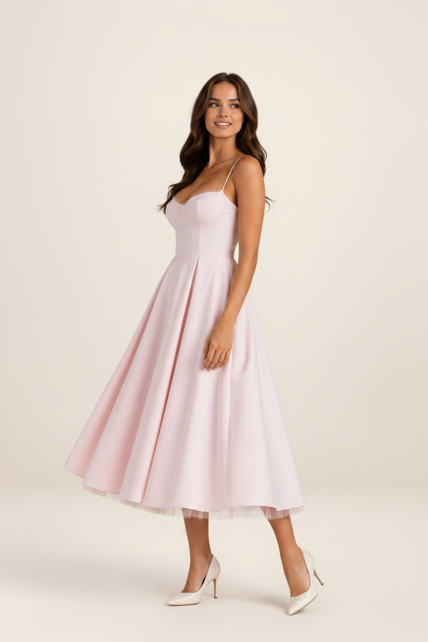 Elegant Midi Dress with Corset Bodice & Flowing Skirt for Special Occasions