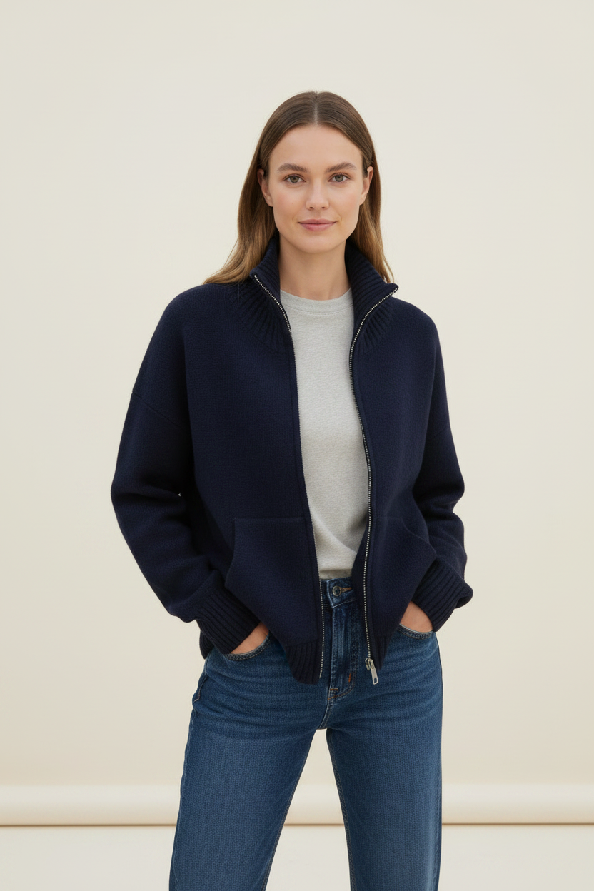 Elegant Knitwear Women | Cream Knitted Cardigan with Cozy Funnel Neck Design | Versatile Layering for Warmth and Style