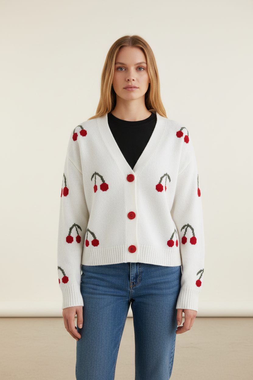 Charming Knitwear | Women's Cardigan with Cherry Print Design | Cozy Layering for Everyday Style