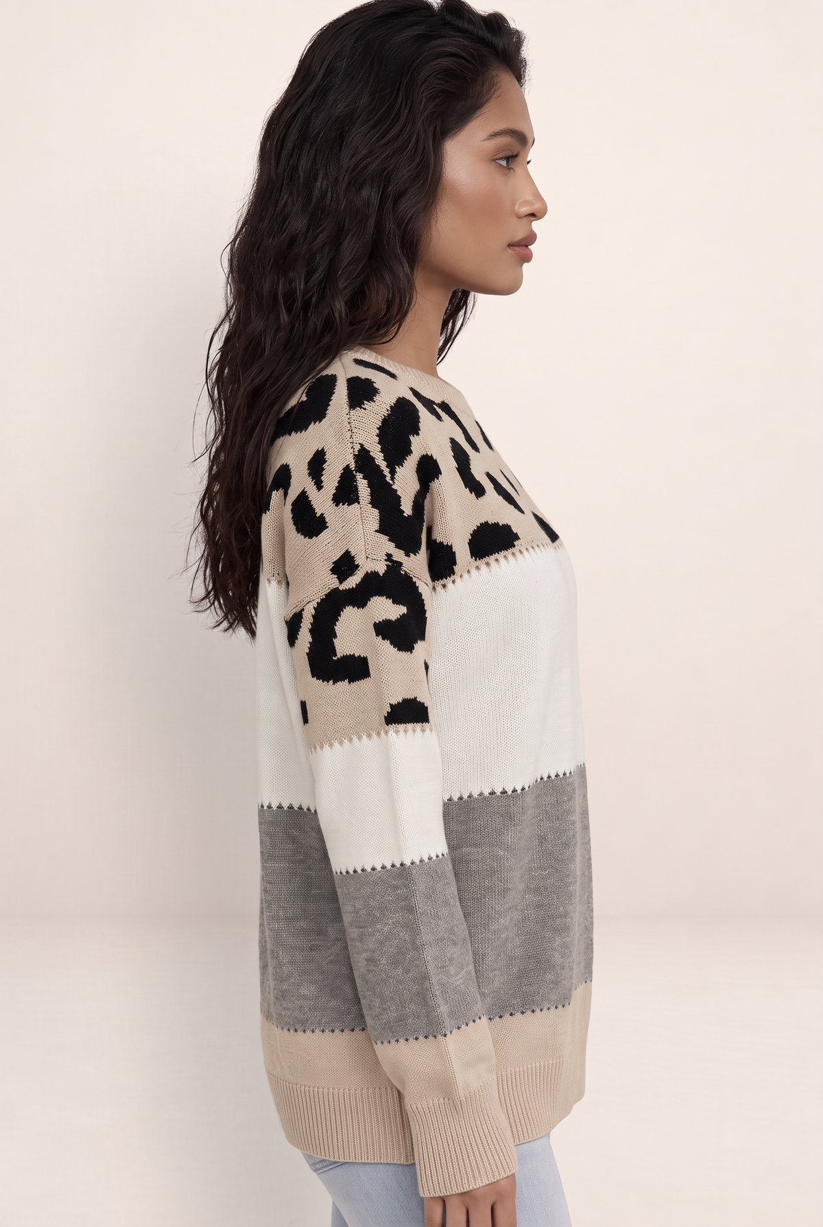 Women's Leopard Print Knit Sweater - Relaxed Crew Neck Jumper