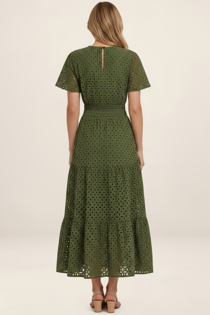 Elegant Summer Midi Dress | Eyelet A-Line Design with Breathable Cotton Blend for Effortless Style
